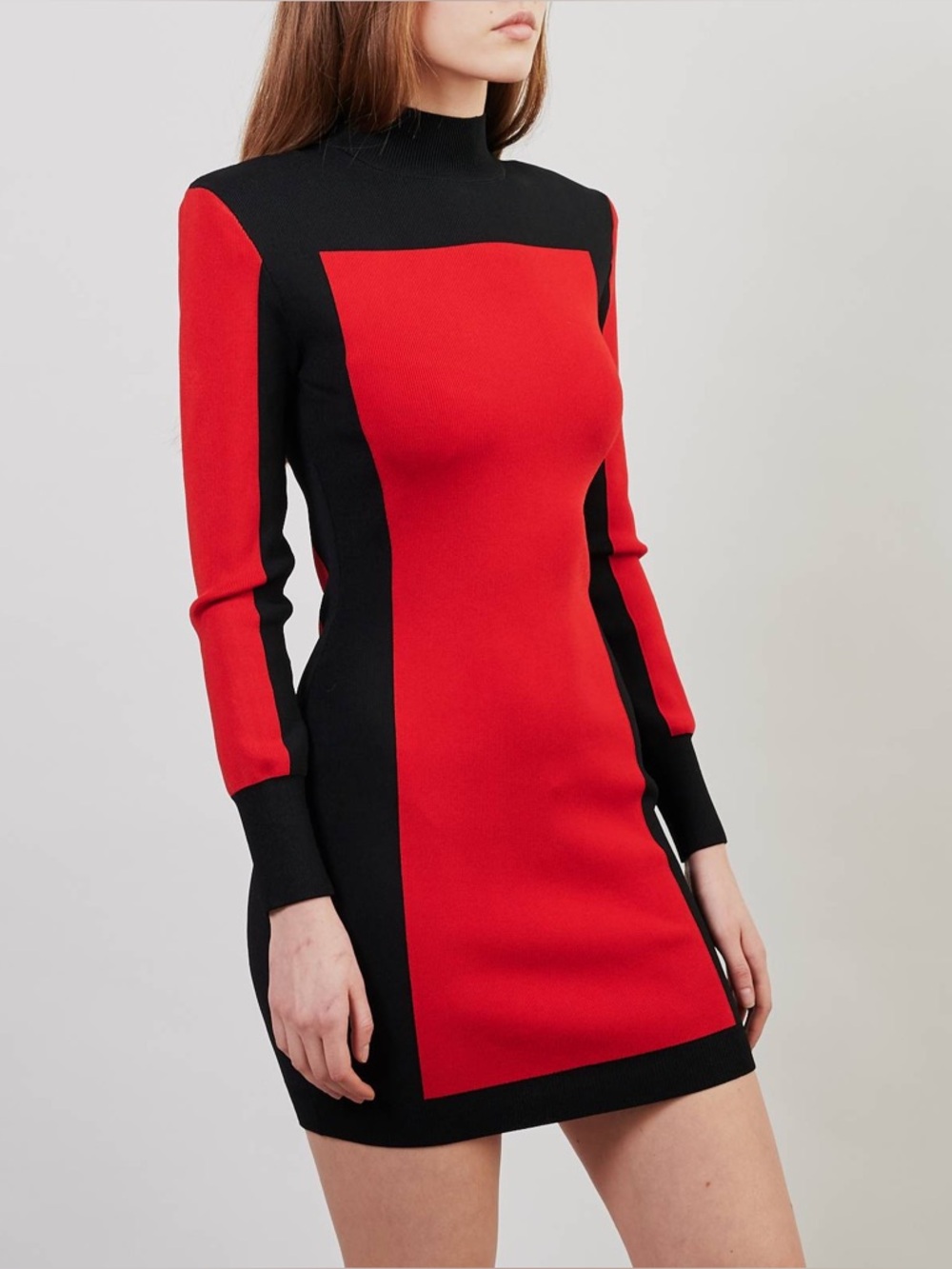 Balmain Red and Black Long-Sleeve Color-Block Mini Dress